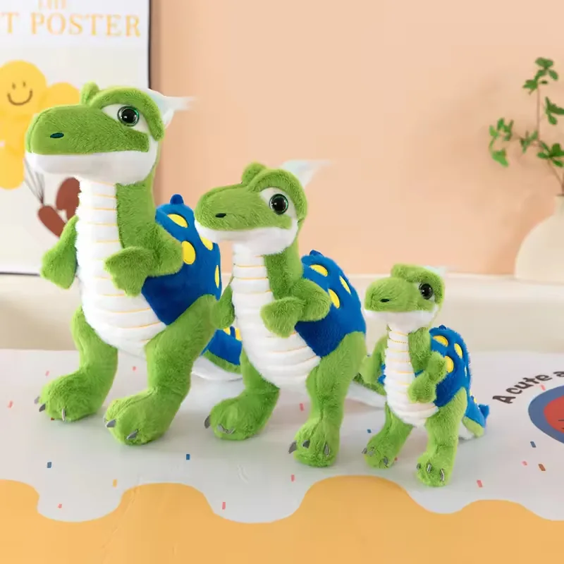 Three green dinosaur plush toys shown as a size collection with blue spotted back panels