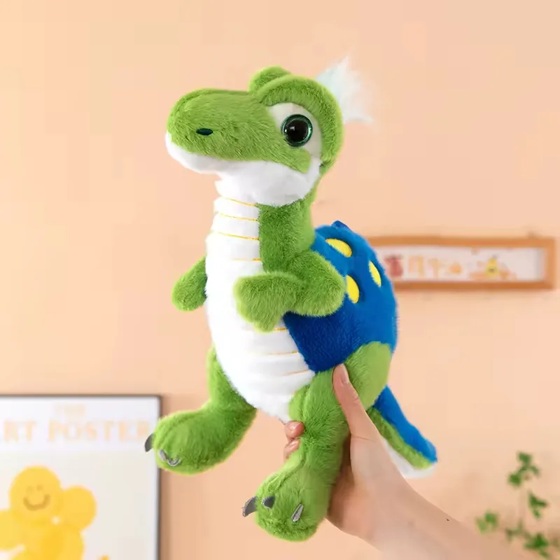 Green big dinosaur plush toy held for scale with white belly, blue back panel, and yellow spots