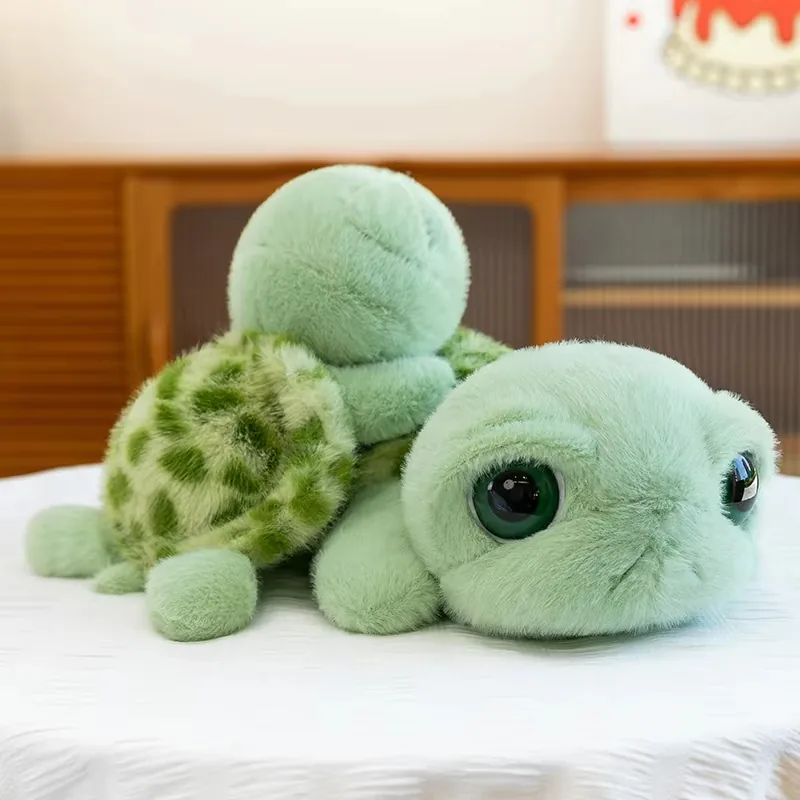 Side-angle view of the big eyes turtle plush doll with one eye, shell, and front flipper visible