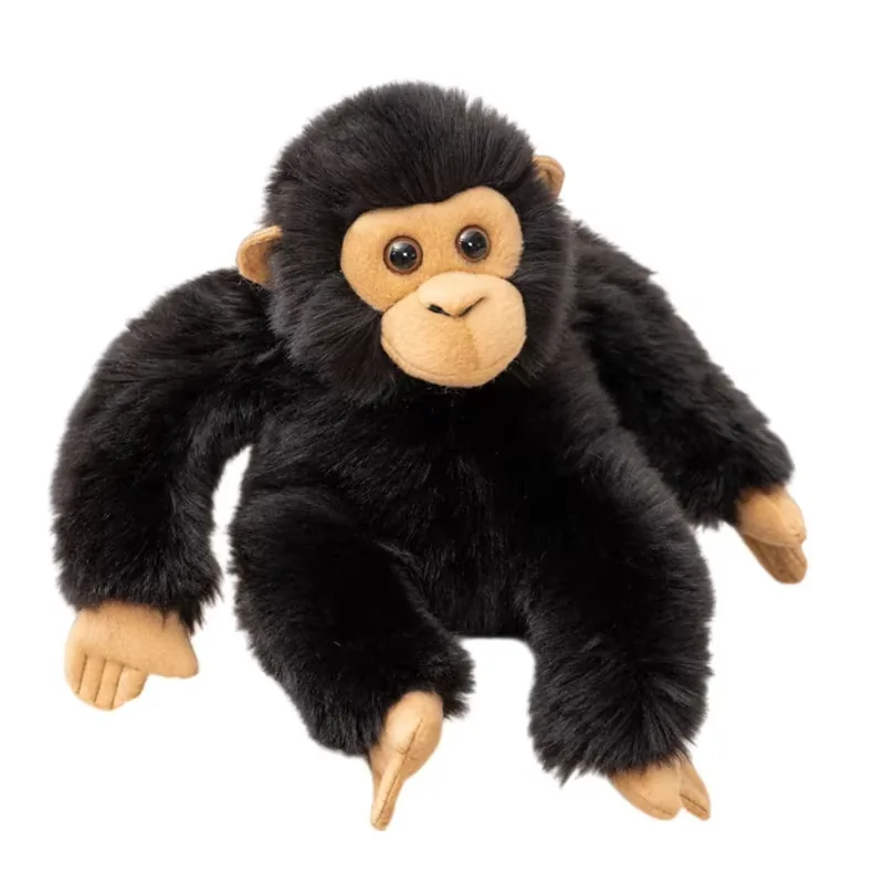 Cutout-style product image of a black chimpanzee plush doll with long arms and tan face