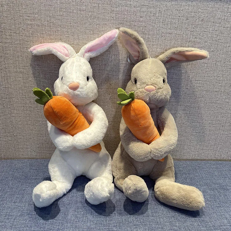 White and beige rabbit plush dolls displayed together as a compact boutique-ready pair