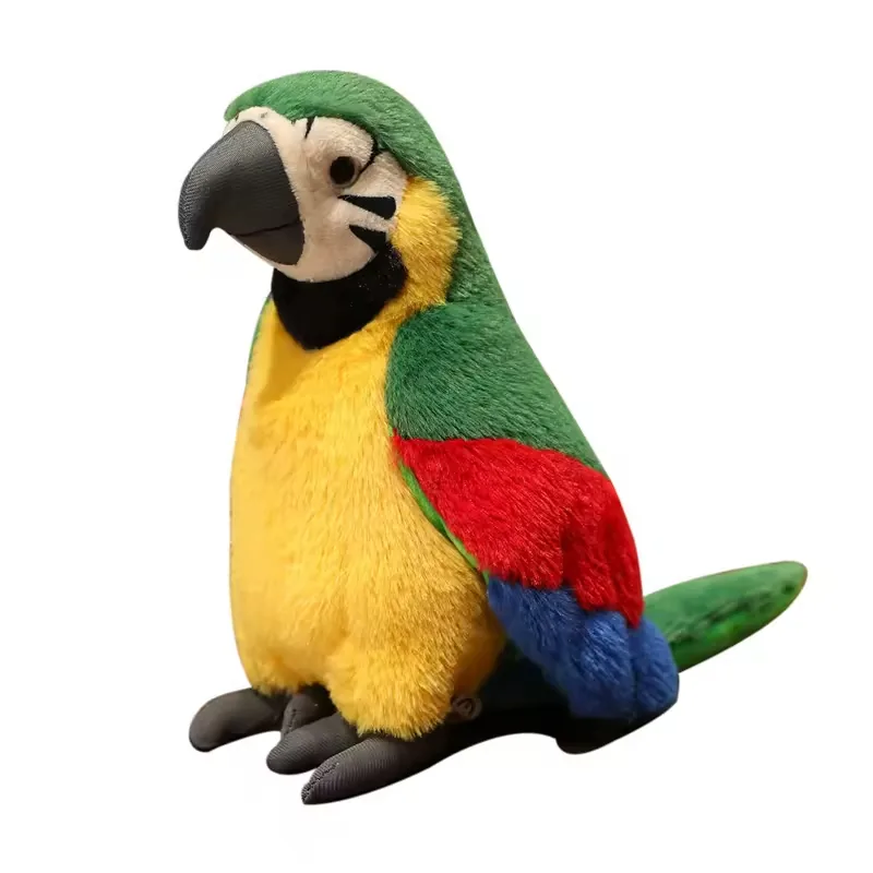 Single green-yellow plush parrot toy on a white background showing the beak, seated feet, and tail angle