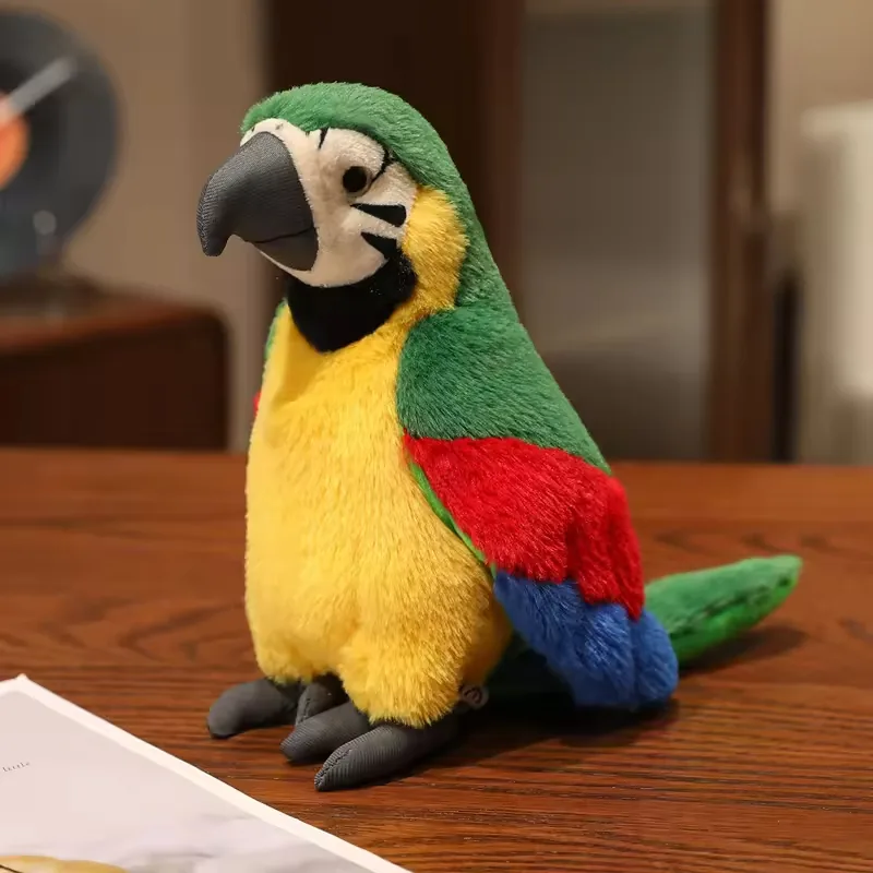 Green and yellow plush parrot toy with red wing panels shown as a compact room-decor plush