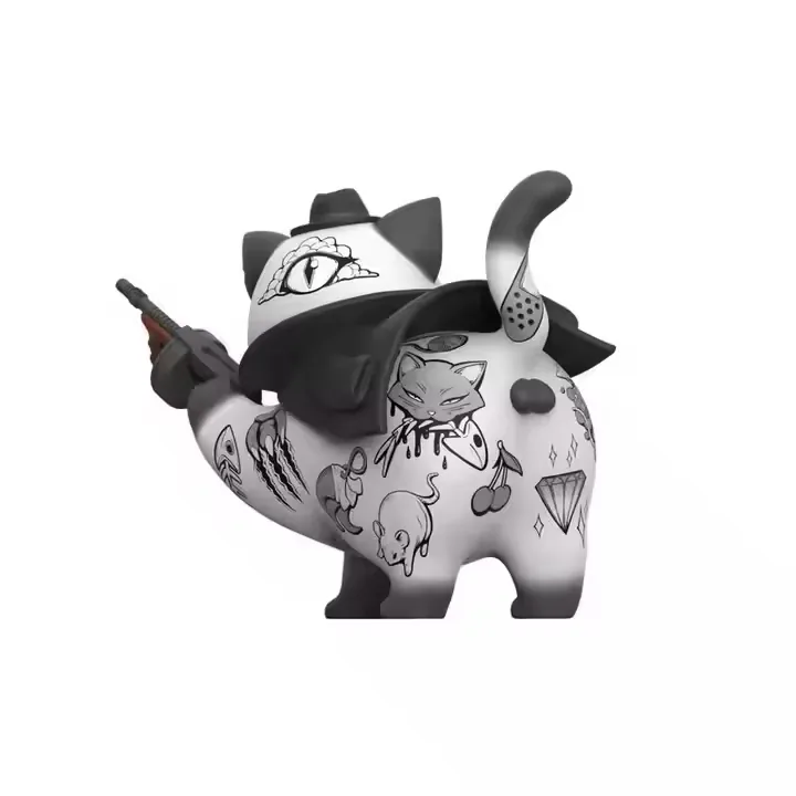 Detail view of a custom animal vinyl figure toy with decorative packaging and collector-oriented display finish