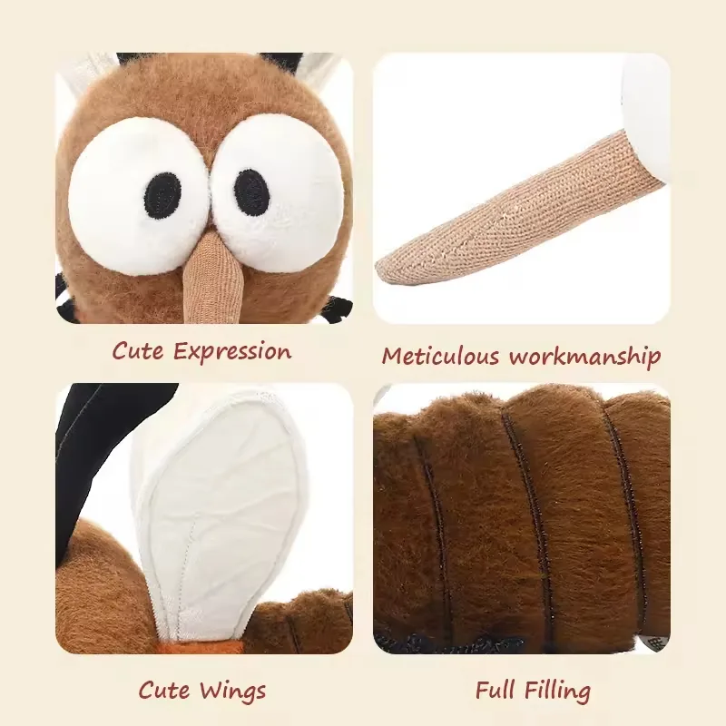 Detail collage of custom plush mosquito toy showing eyes, proboscis, wing stitching, and full filling