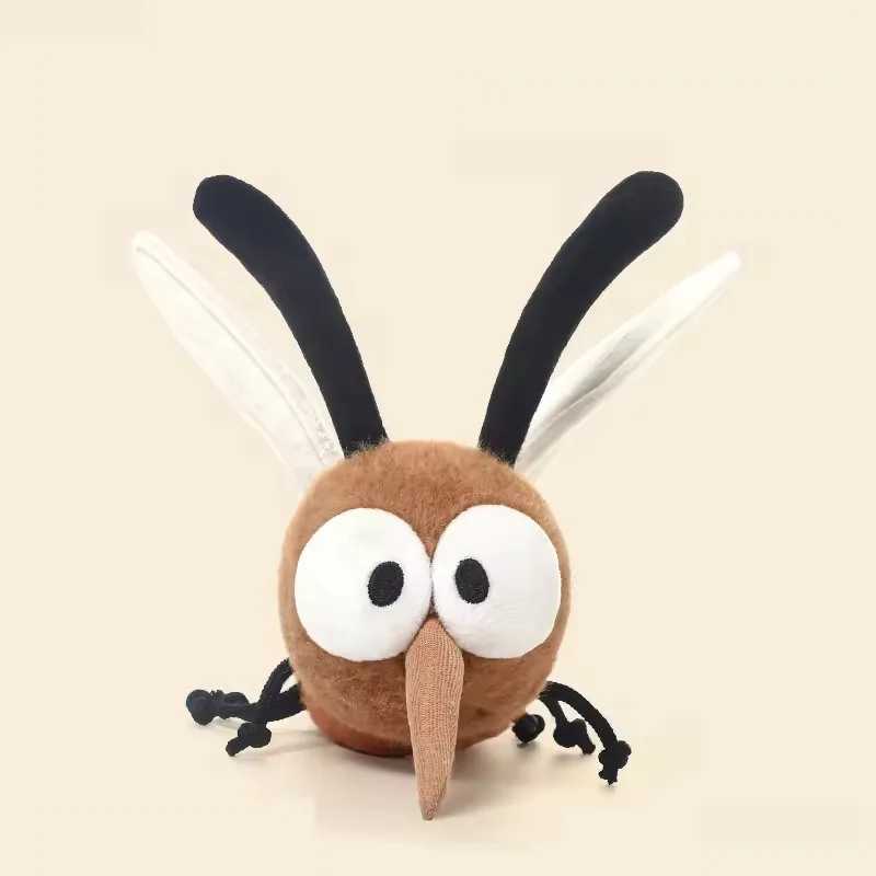 Front view of custom big eyes plush mosquito toy with upright antennae and comic expression