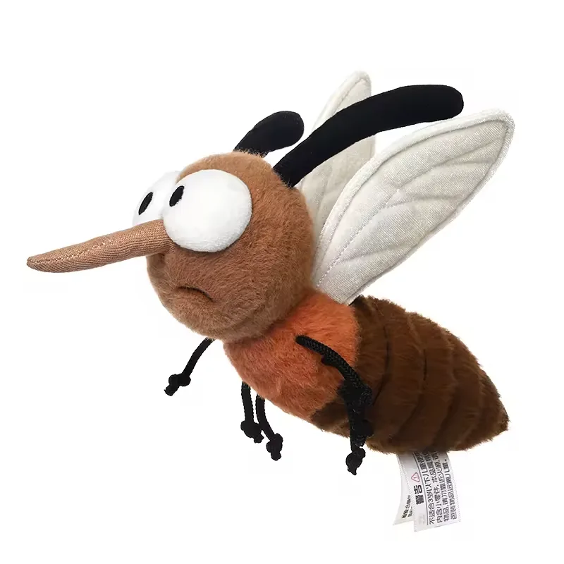 Left-angle view of custom plush mosquito toy with comic face and soft segmented abdomen