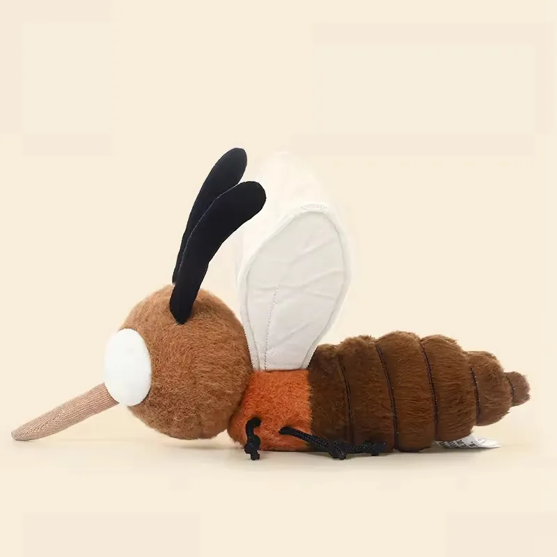 Side profile of custom plush mosquito toy with orange thorax, striped abdomen, and white wing