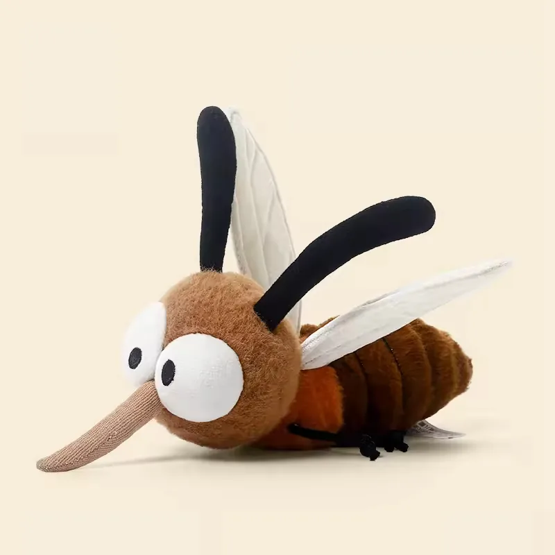 Custom big eyes plush mosquito toy with long soft proboscis, white wings, and a striped brown body