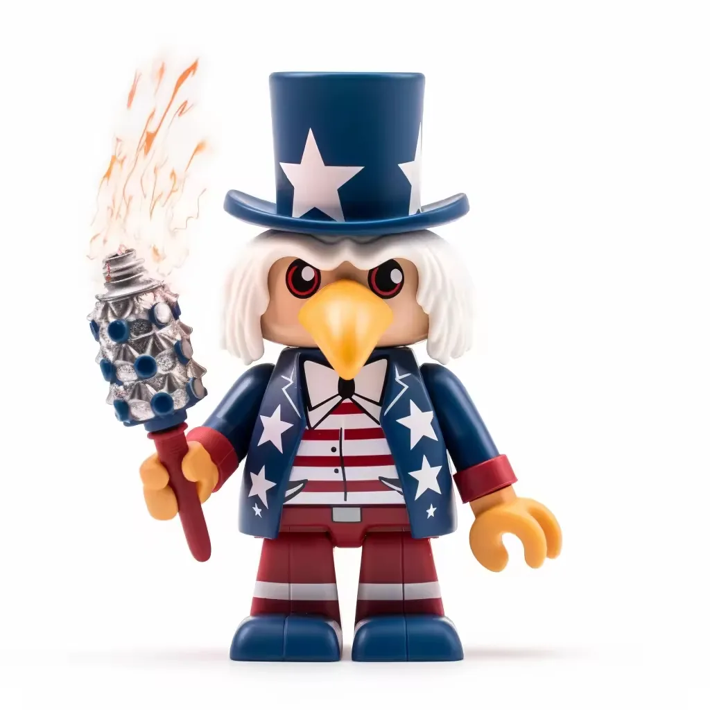 Block-style cartoon eagle PVC figure with tall blue star hat and flaming torch accessory