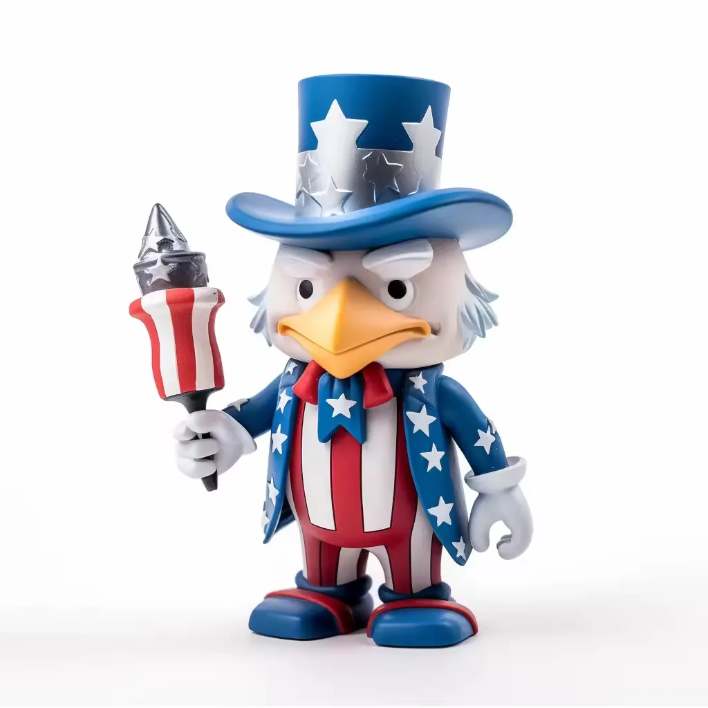 Cartoon eagle PVC vinyl figure in stars-and-stripes suit and blue top hat holding a patriotic torch