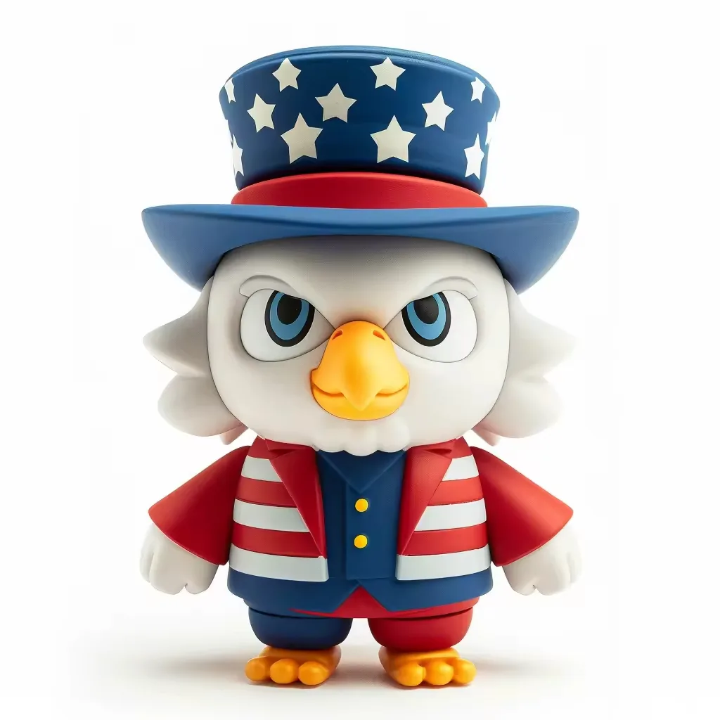 Rounded patriotic eagle designer vinyl figure with blue star-print top hat and red striped jacket