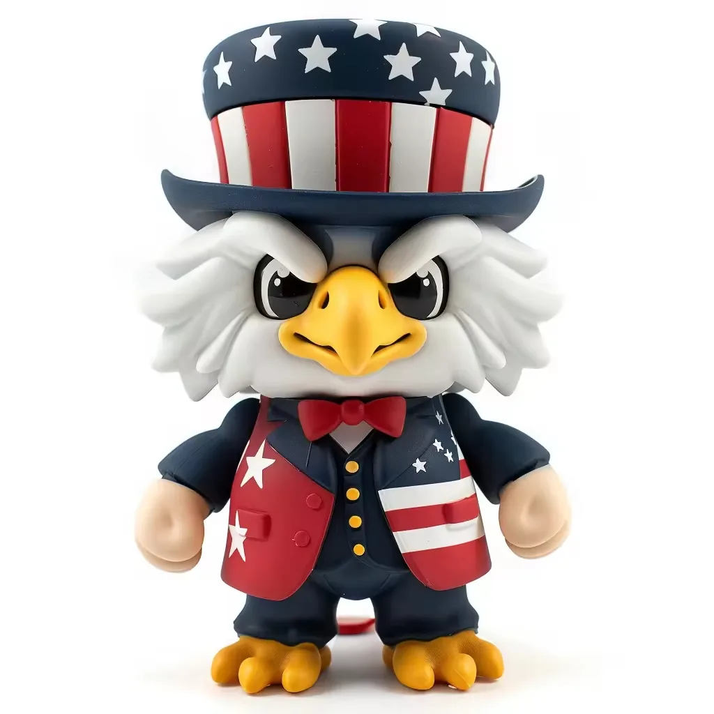 Uncle Sam style eagle PVC designer toy with star-spangled hat, navy suit, and yellow bird feet