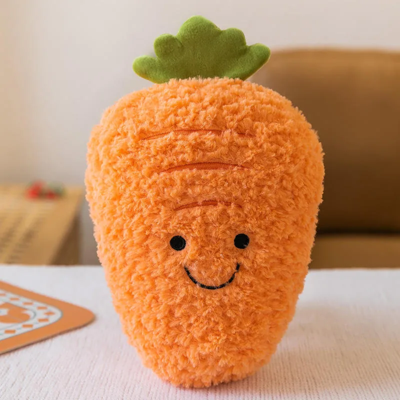 Carrot character plush pillow with embroidered ridges and bright orange shaggy texture