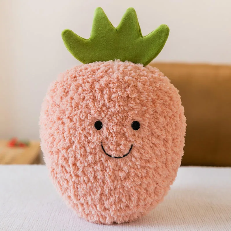 Strawberry character plush pillow with green leaf top and soft pink fuzzy body