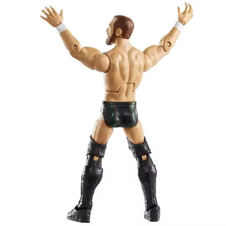Rear view of an articulated wrestling-style action figure with raised arms showing back sculpt, trunks, and boot proportions
