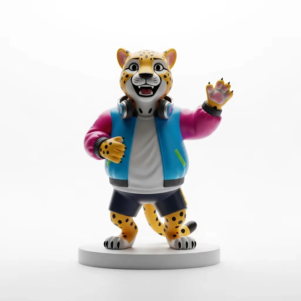 Custom DJ cheetah PVC figure in a blue-and-pink bomber jacket colorway with headphones and raised paw
