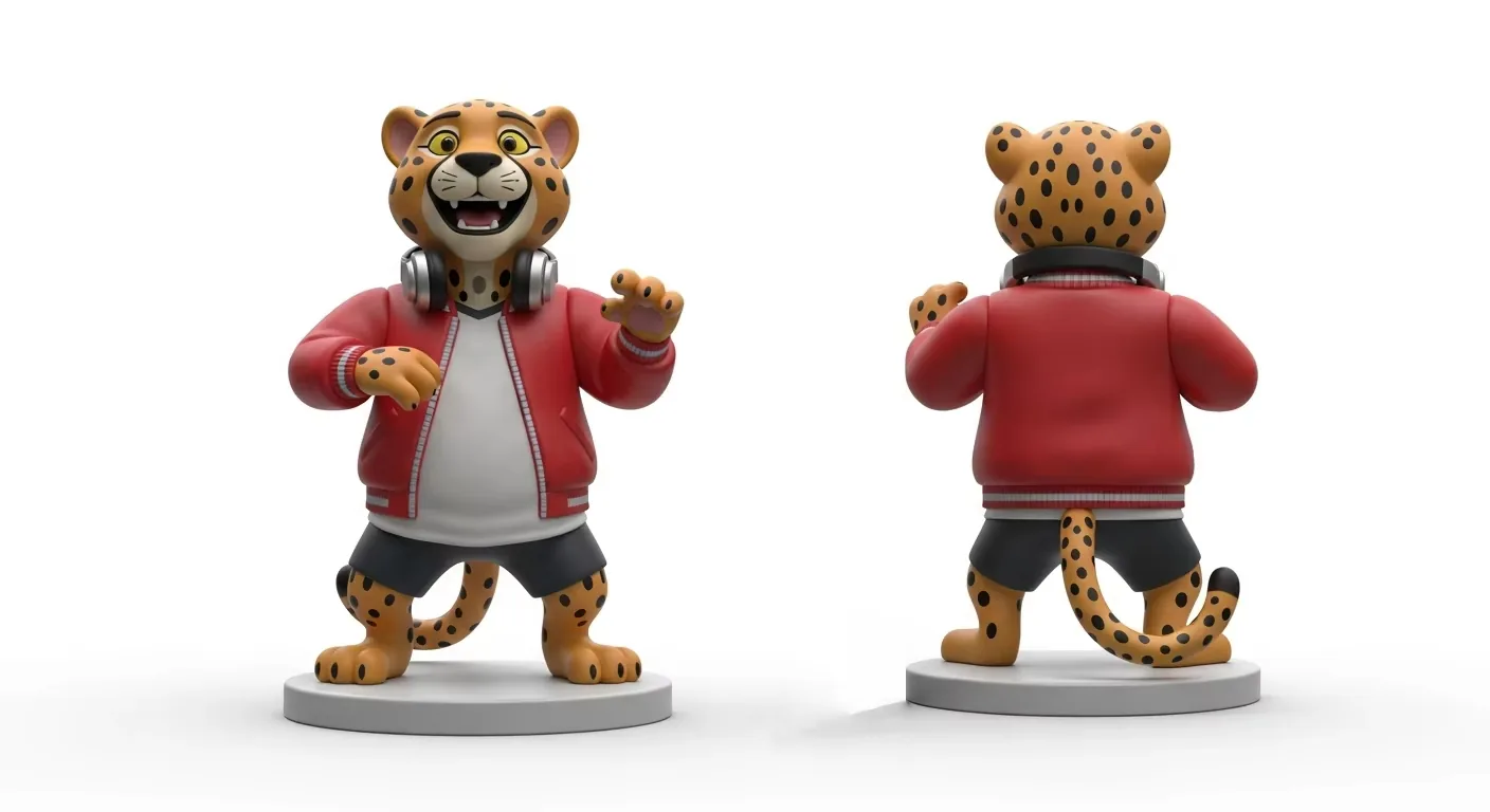 Front and back approval view of the DJ cheetah PVC figure showing jacket finish, tail placement, and headphone detail