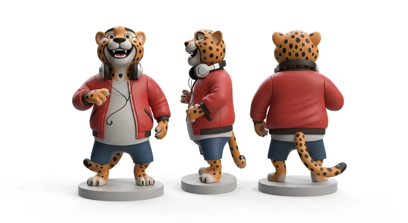 Multi-angle approval view of the DJ cheetah PVC figure showing front, side, and back sculpt detail
