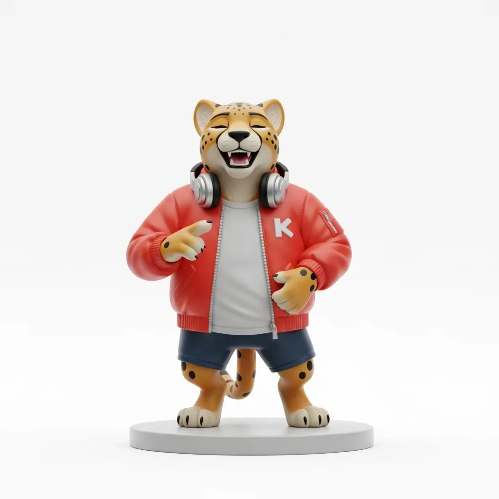 DJ cheetah PVC figure wearing a red bomber jacket with a letter K detail and headphones around the neck