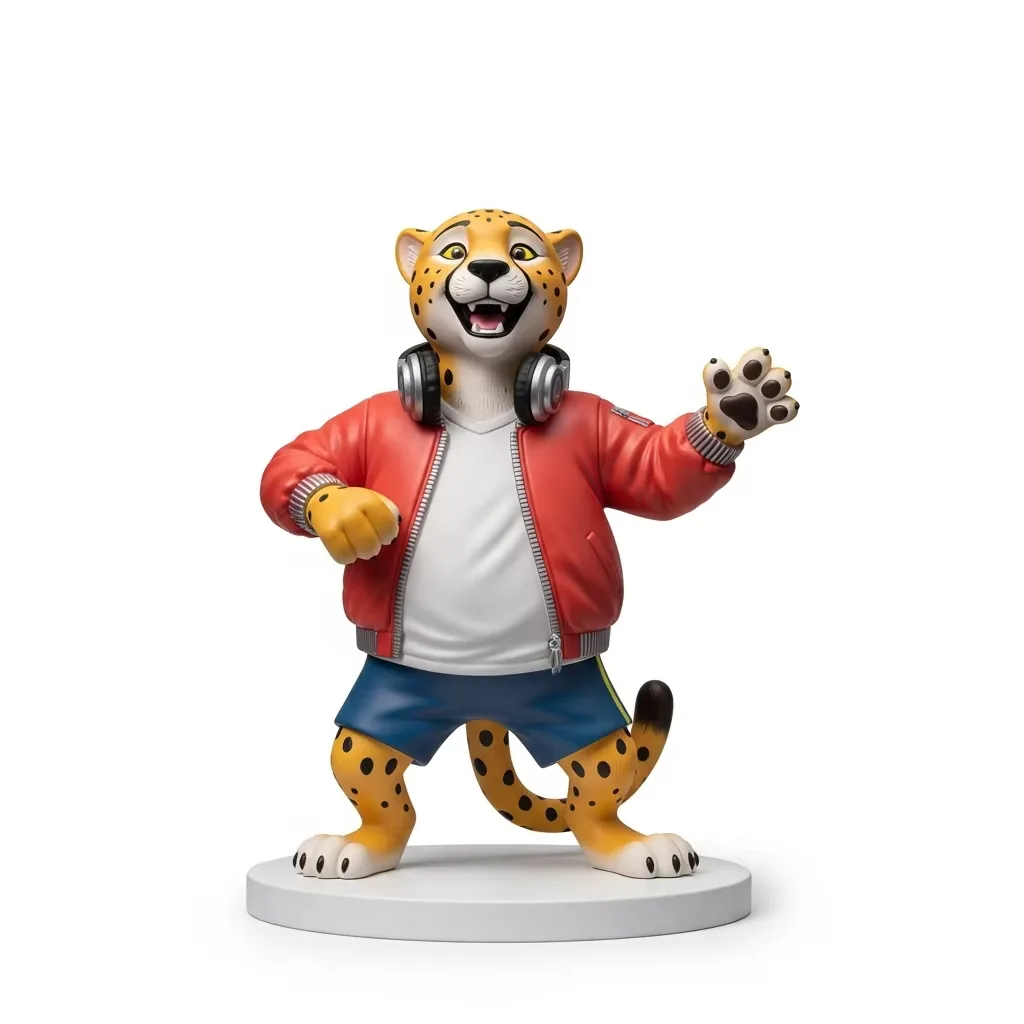 DJ cheetah PVC mascot figure with an open raised paw, red bomber jacket, and headphones