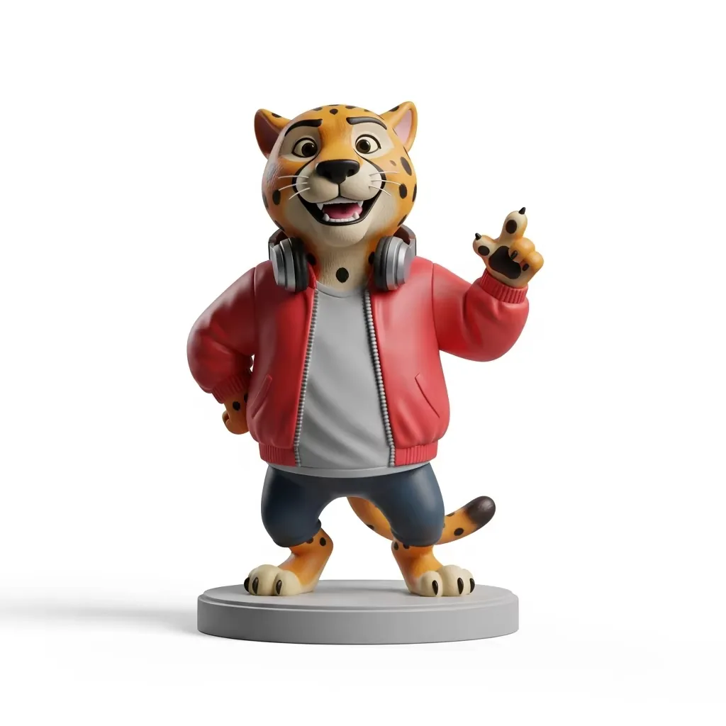 Custom cheetah PVC mascot figure in a red bomber jacket pointing outward with headphones around the neck