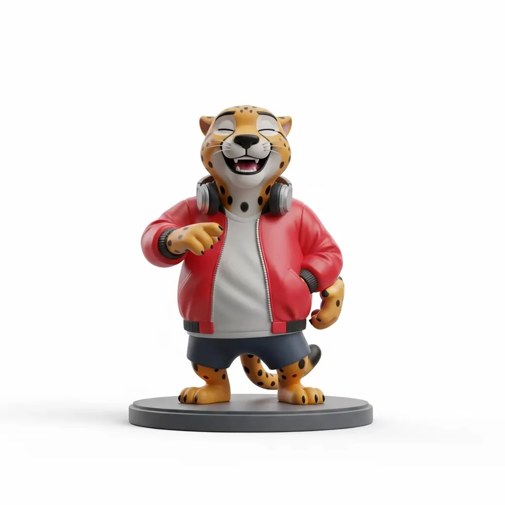 DJ cheetah PVC mascot figure smiling with closed eyes and headphones in a red bomber jacket