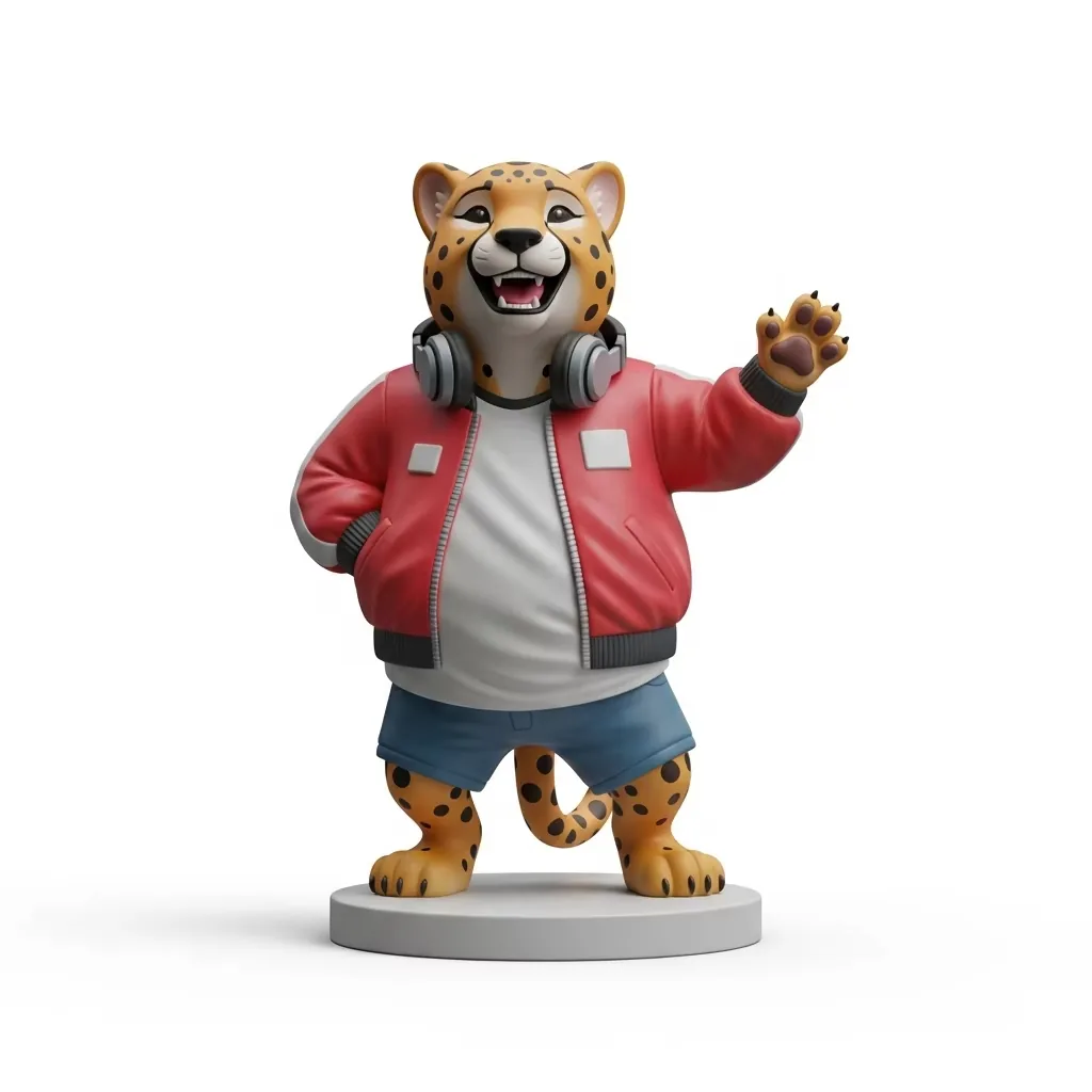 DJ cheetah PVC figure waving with one paw while wearing headphones and a red bomber jacket