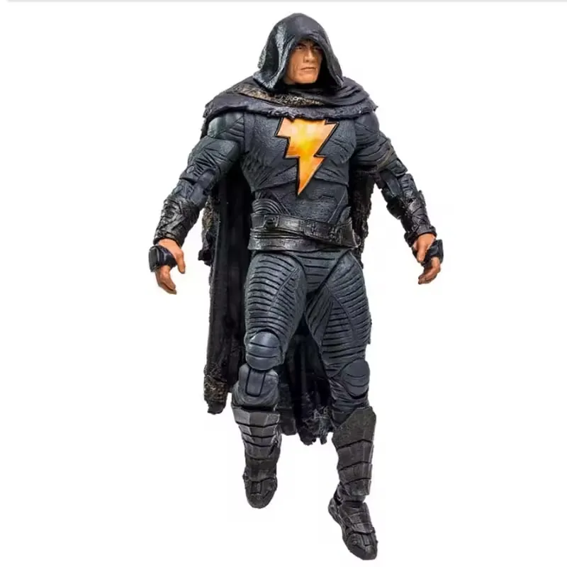 Dynamic angle of a hooded superhero-style PVC action figure with dark armor, flowing cape, and lightning chest emblem