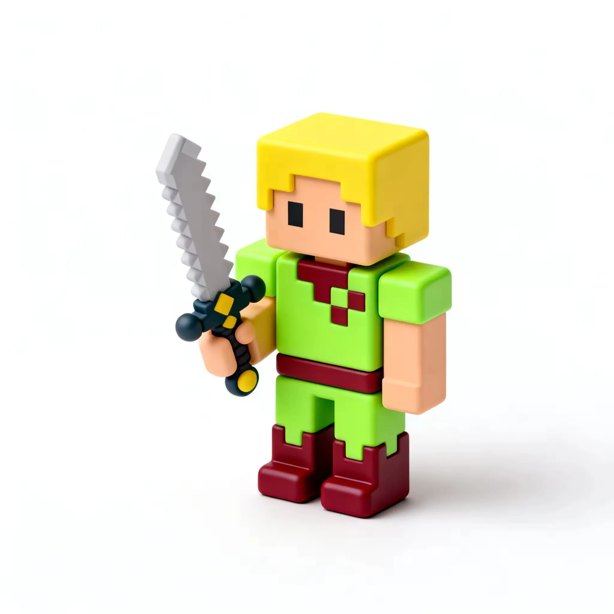 Cartoon pixel warrior PVC figurine with cube-led proportions, simplified armor shapes, and a display-ready character stance