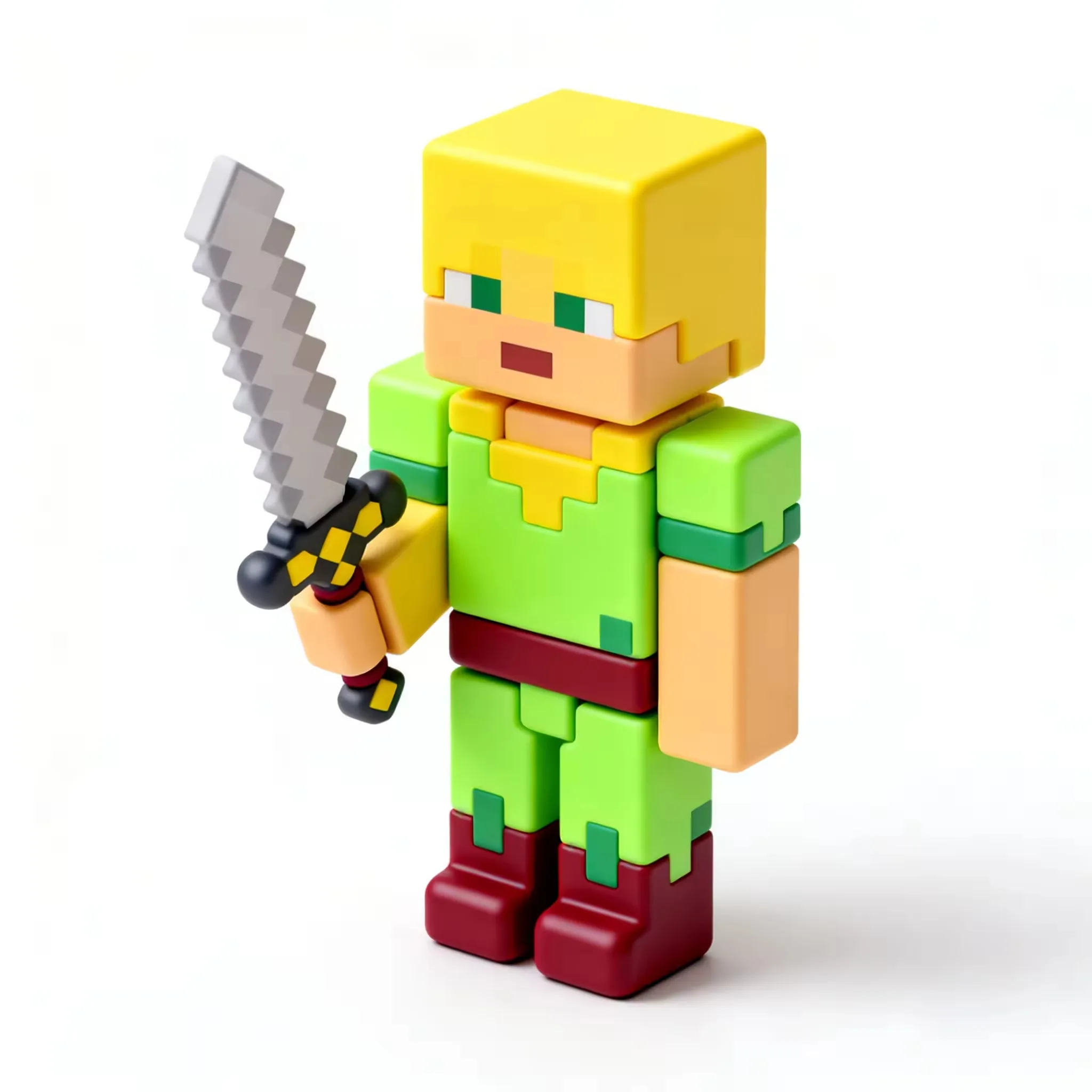 Cube-style warrior PVC figurine with clean part breakup, simplified armor geometry, and toy-friendly paint zones