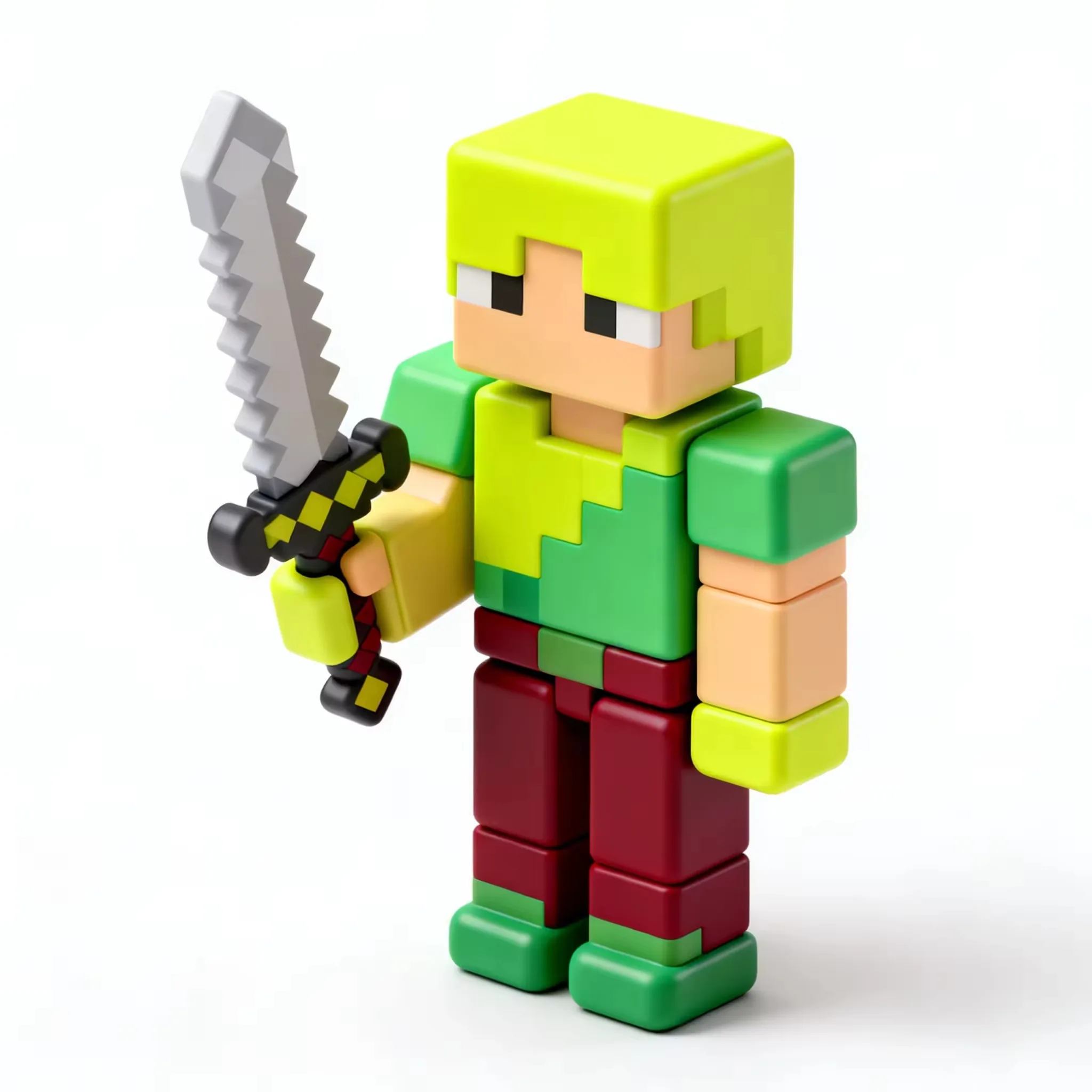Custom pixel-style block warrior PVC figurine with cube-led body proportions and a game-inspired cartoon armor silhouette
