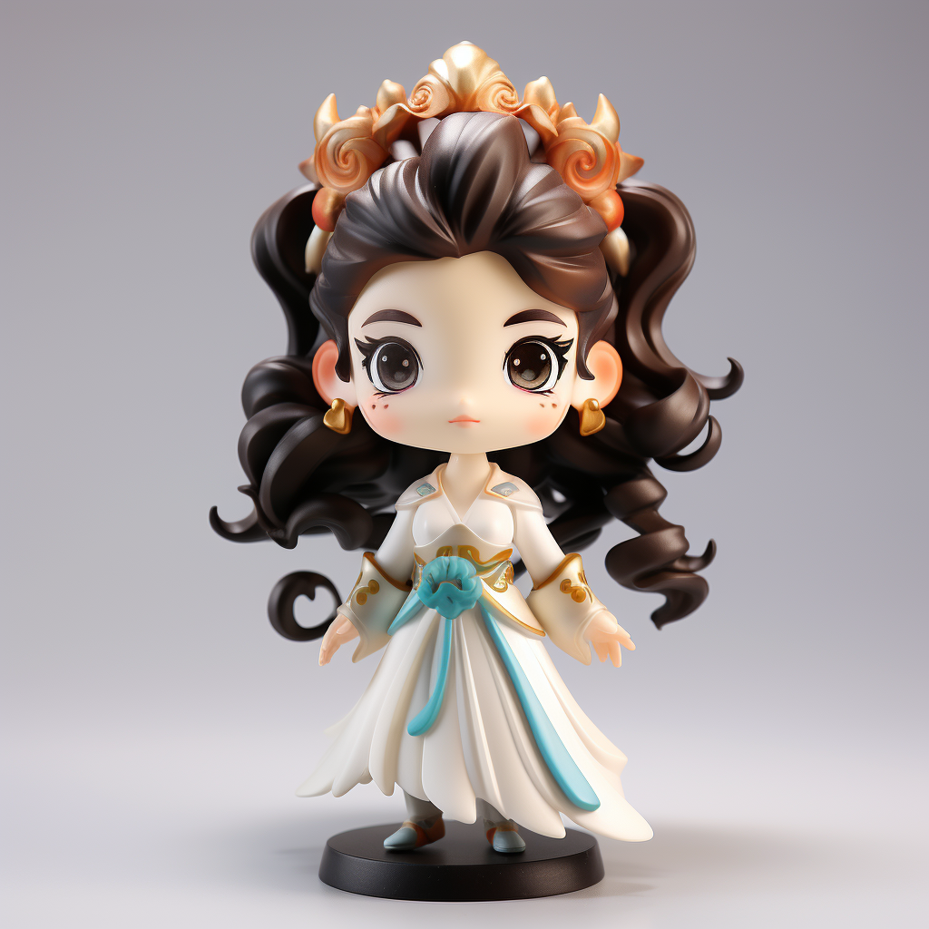 Custom PVC/ABS chibi heroine figure render on display stand with rose-gold crown and pale blue waist accent