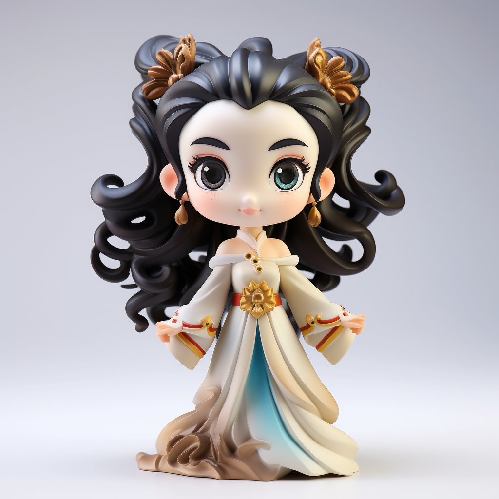 Custom PVC/ABS chibi heroine figure render with flowing black hair, ivory gown, and gold waist ornament