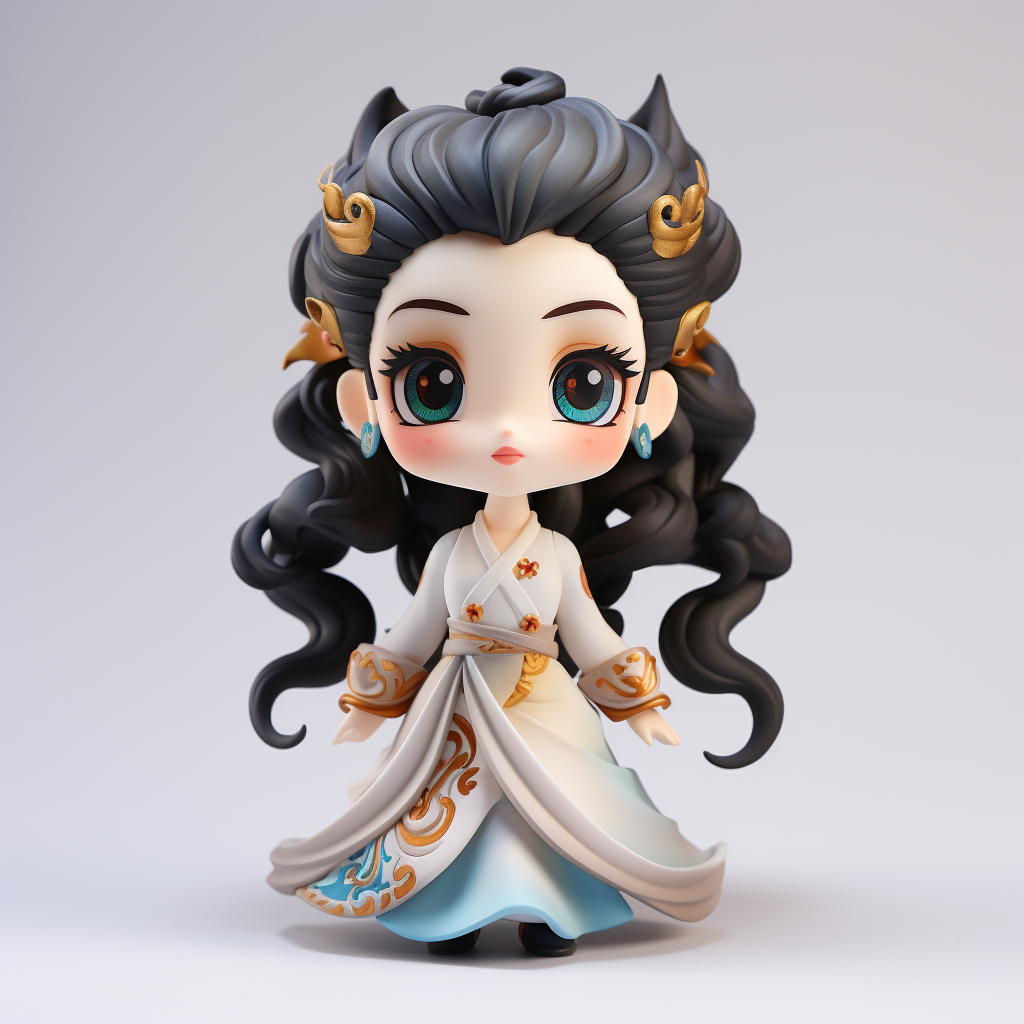 Custom PVC/ABS chibi heroine figure render with horn-like gold hair details and ivory robe with pale blue underskirt