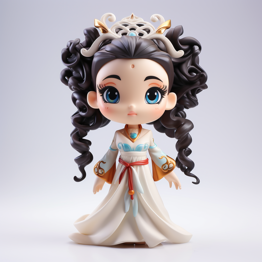 Custom PVC/ABS chibi heroine figure render with blue gem headpiece, red waist cord, and curled dark hair