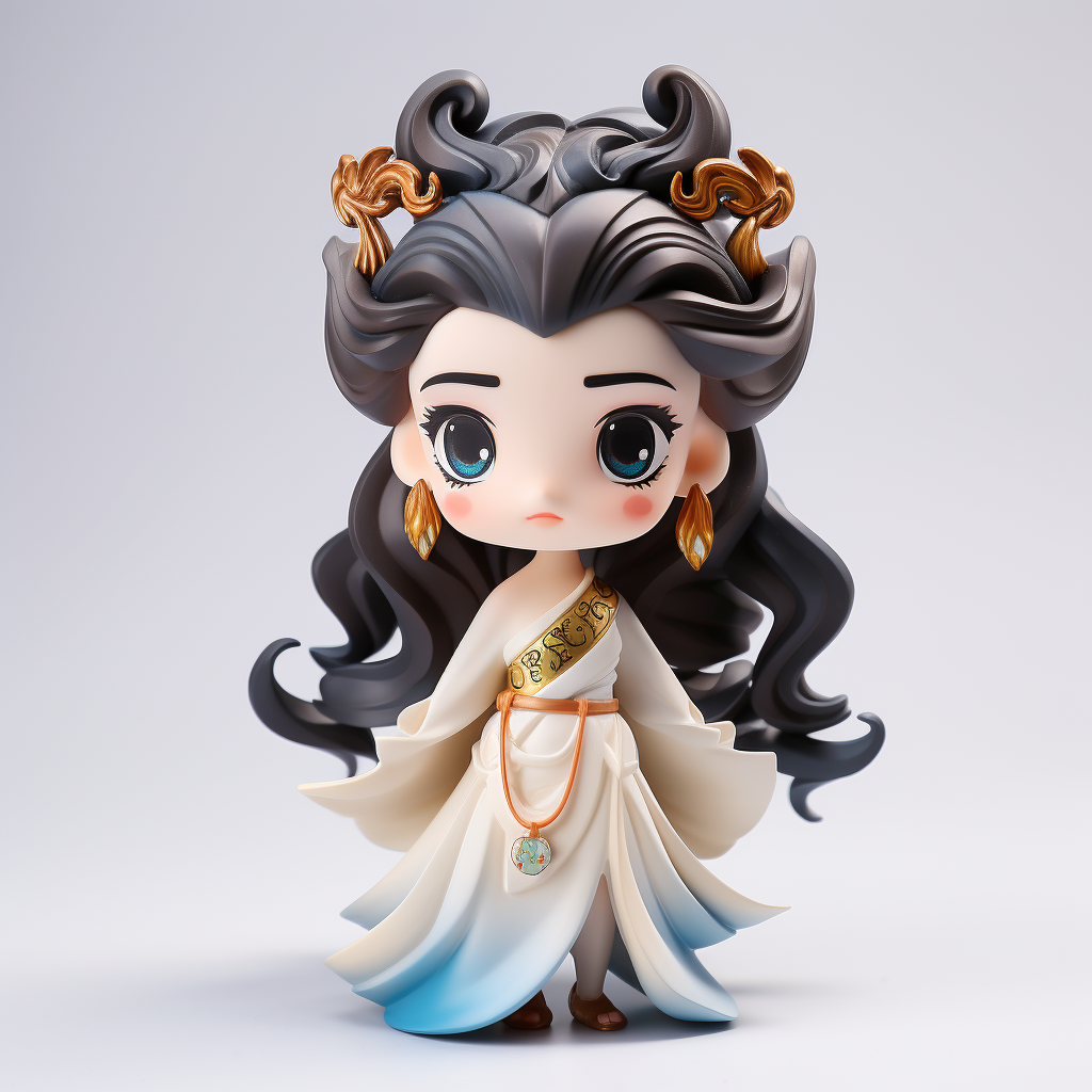 Custom PVC/ABS chibi heroine figure render with one-shoulder robe, gold leaf earrings, and blue hem fade