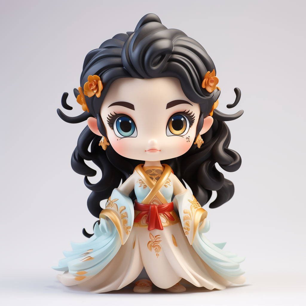Custom PVC/ABS chibi heroine figure render with red sash, pale blue sleeve panels, and flower hair ornaments