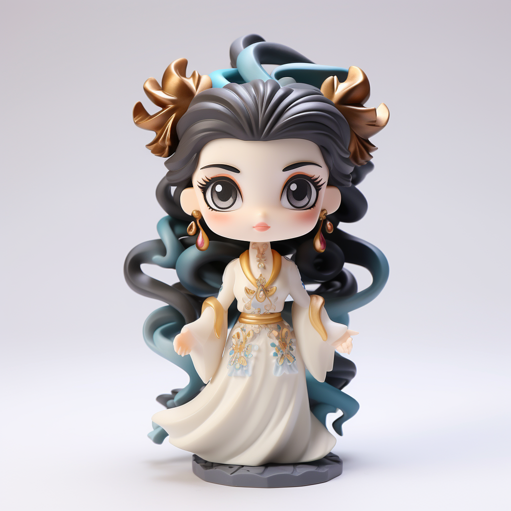Custom PVC/ABS chibi heroine figure render with teal ribbon hair loops and gold floral ornaments