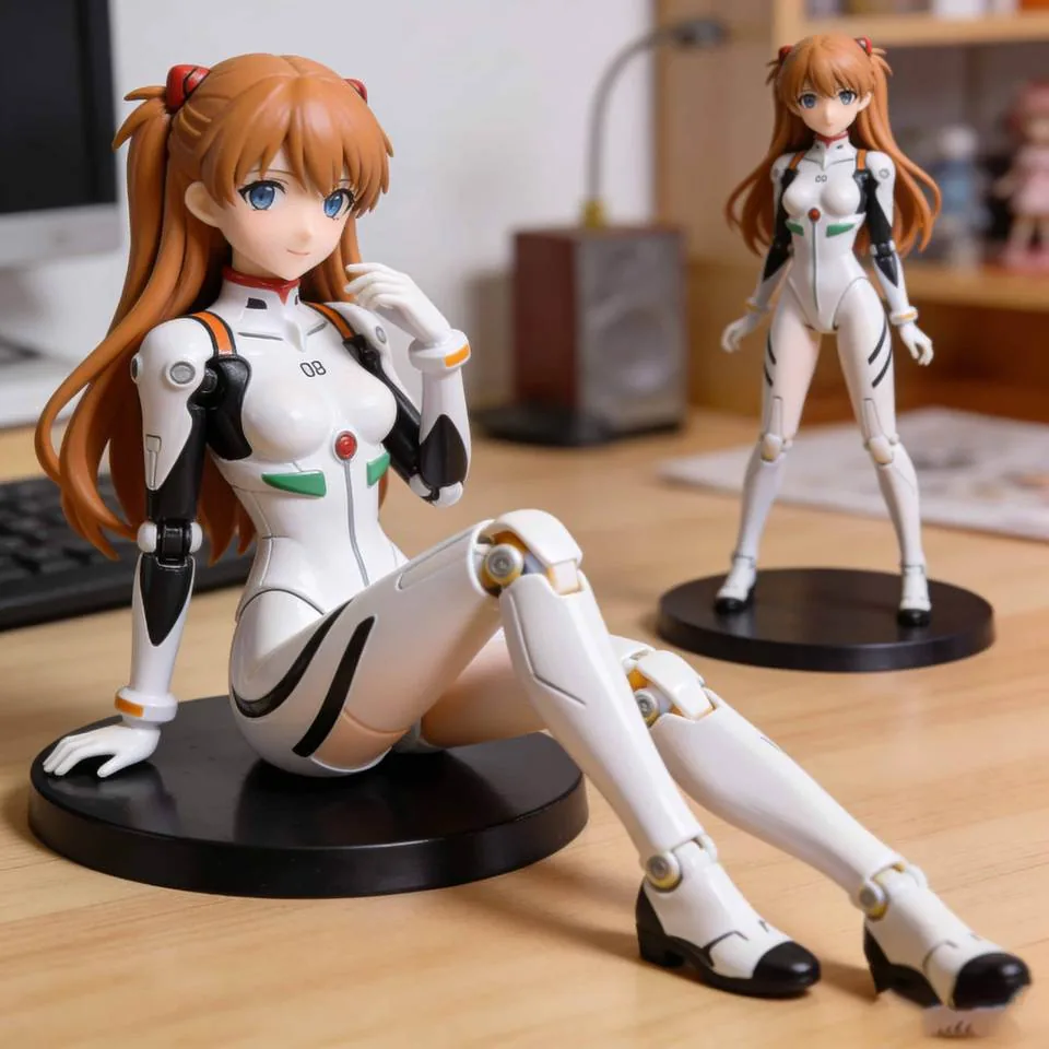 Anime heroine PVC articulated figure posed seated in a white bodysuit with a standing sample behind