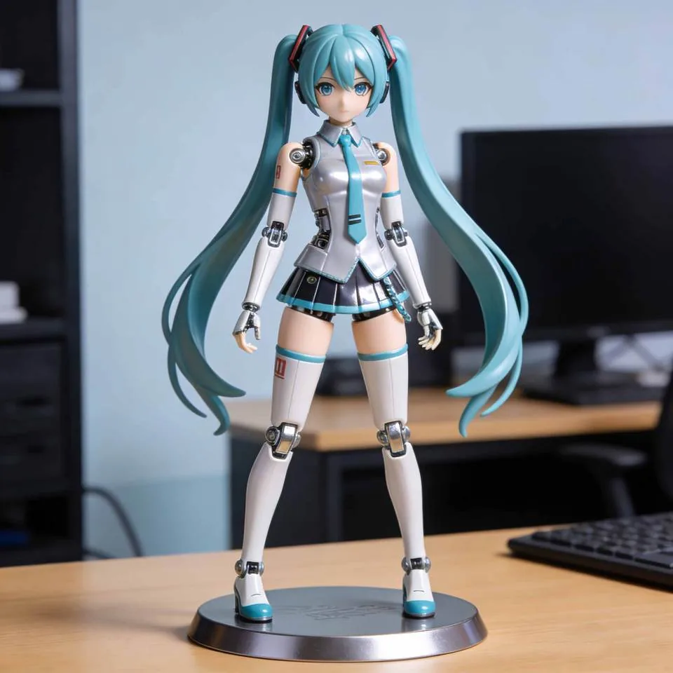 Articulated anime idol PVC doll with long twin-tail hair, skirted costume, and visible joint structure