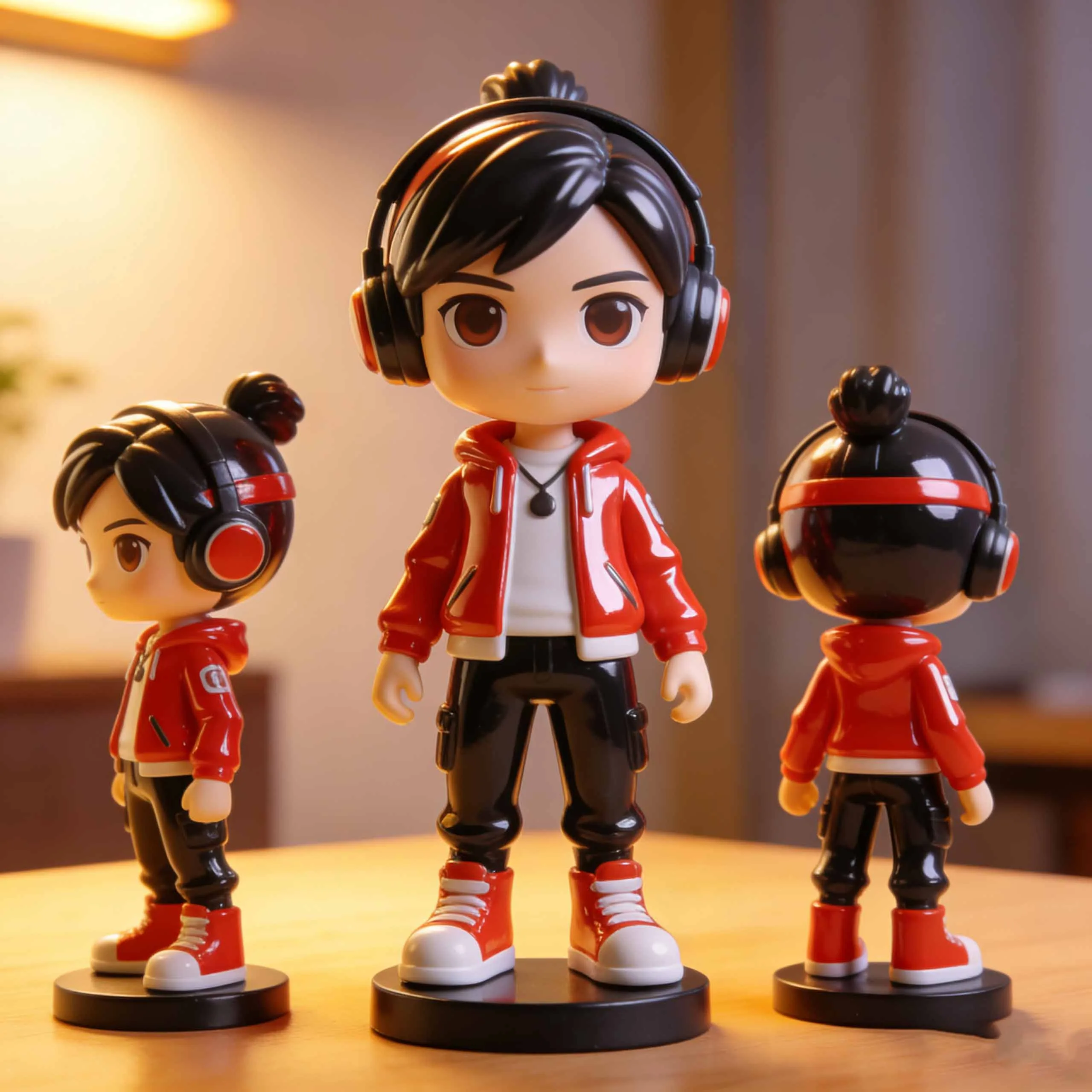 Close-up cartoon PVC figure with red jacket, black pants, and large headphones styled for gift merchandise