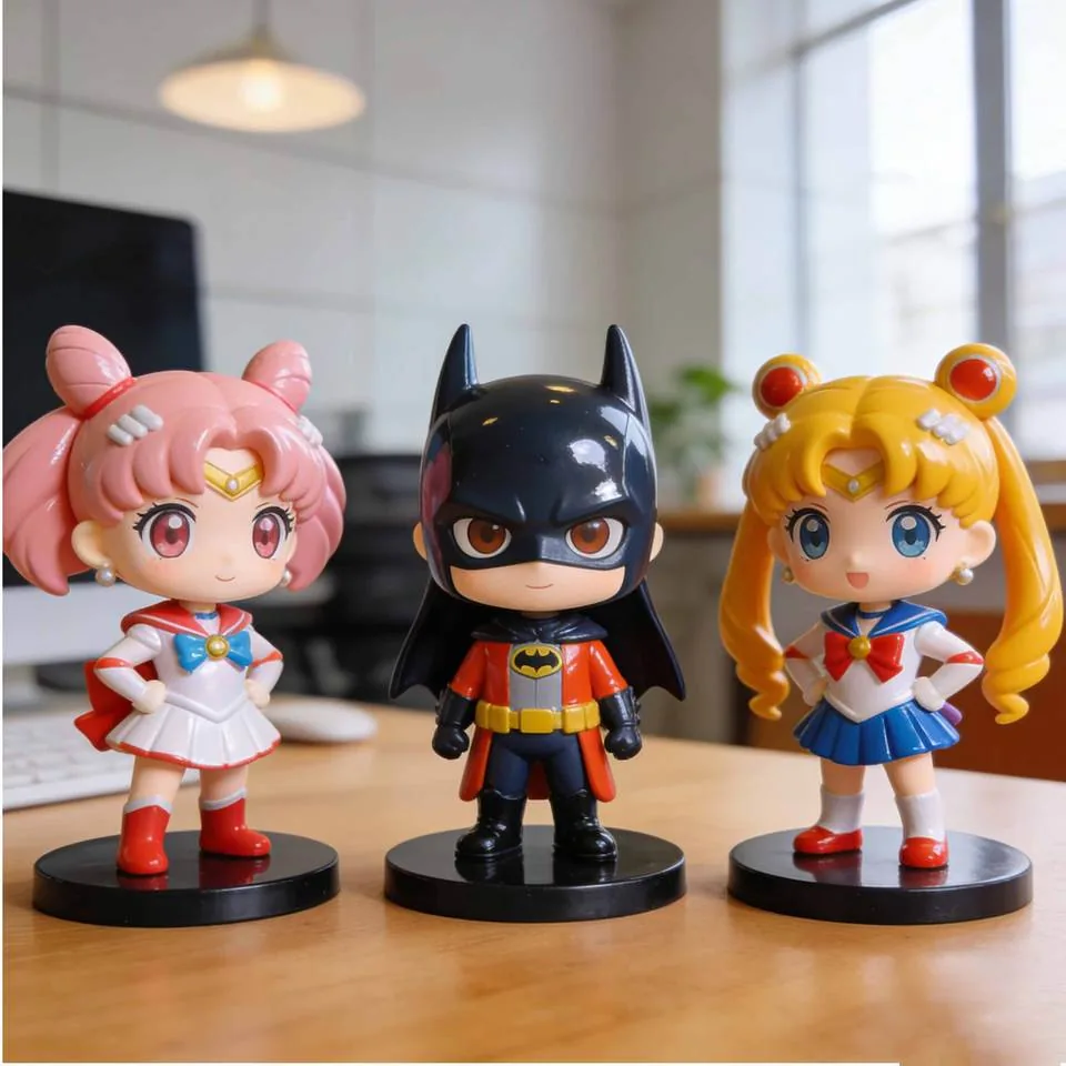 Chibi blind box figure set with superhero and magical girl characters on round display bases