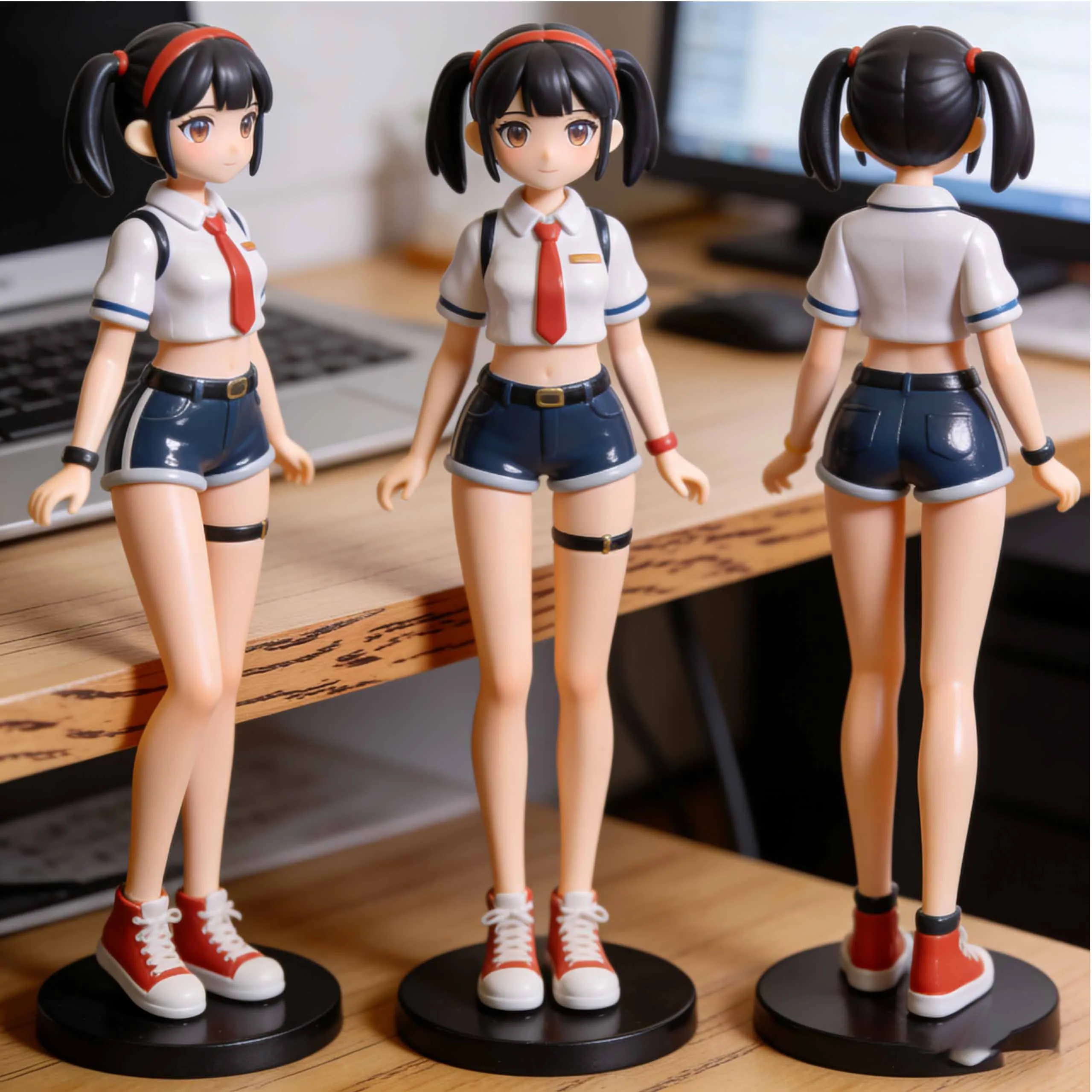 Custom PVC articulated schoolgirl figure shown in front, side, and back views with twin ponytails, red tie, and navy shorts