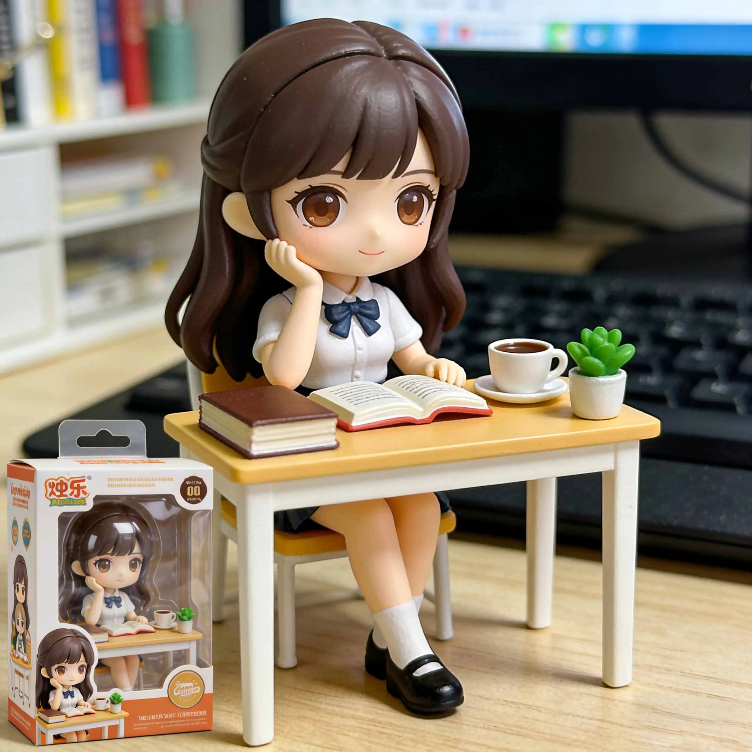 Schoolgirl blind box desk figure seated with book, coffee cup, and miniature desktop accessories