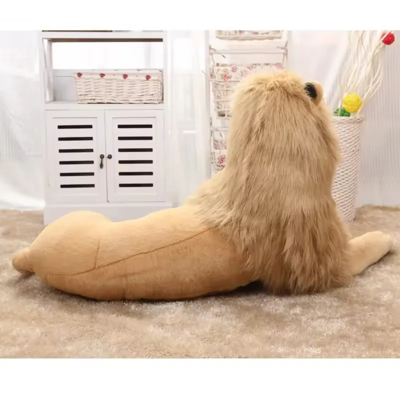 Detail view of custom simulated plush lion toy highlighting soft fabric texture and lion face finish