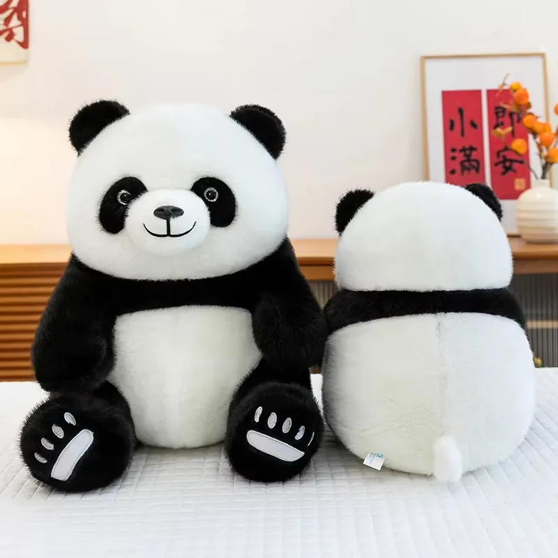 Front and back view of a seated panda plush toy showing rounded body shape and small white tail