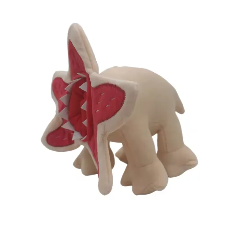 Beige quadruped monster plush with red open face shown in side view as a compact creature format