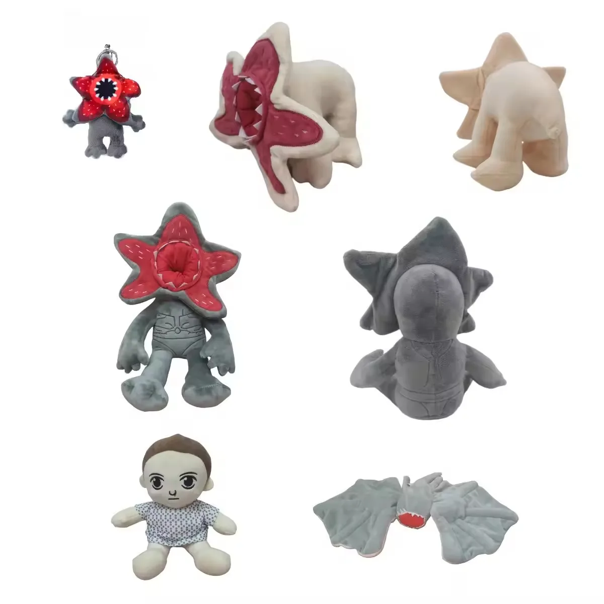 Demogorgon plush assortment collage showing the grey doll, beige quadruped plush, keychain version, mini figure style, and bat-wing variant