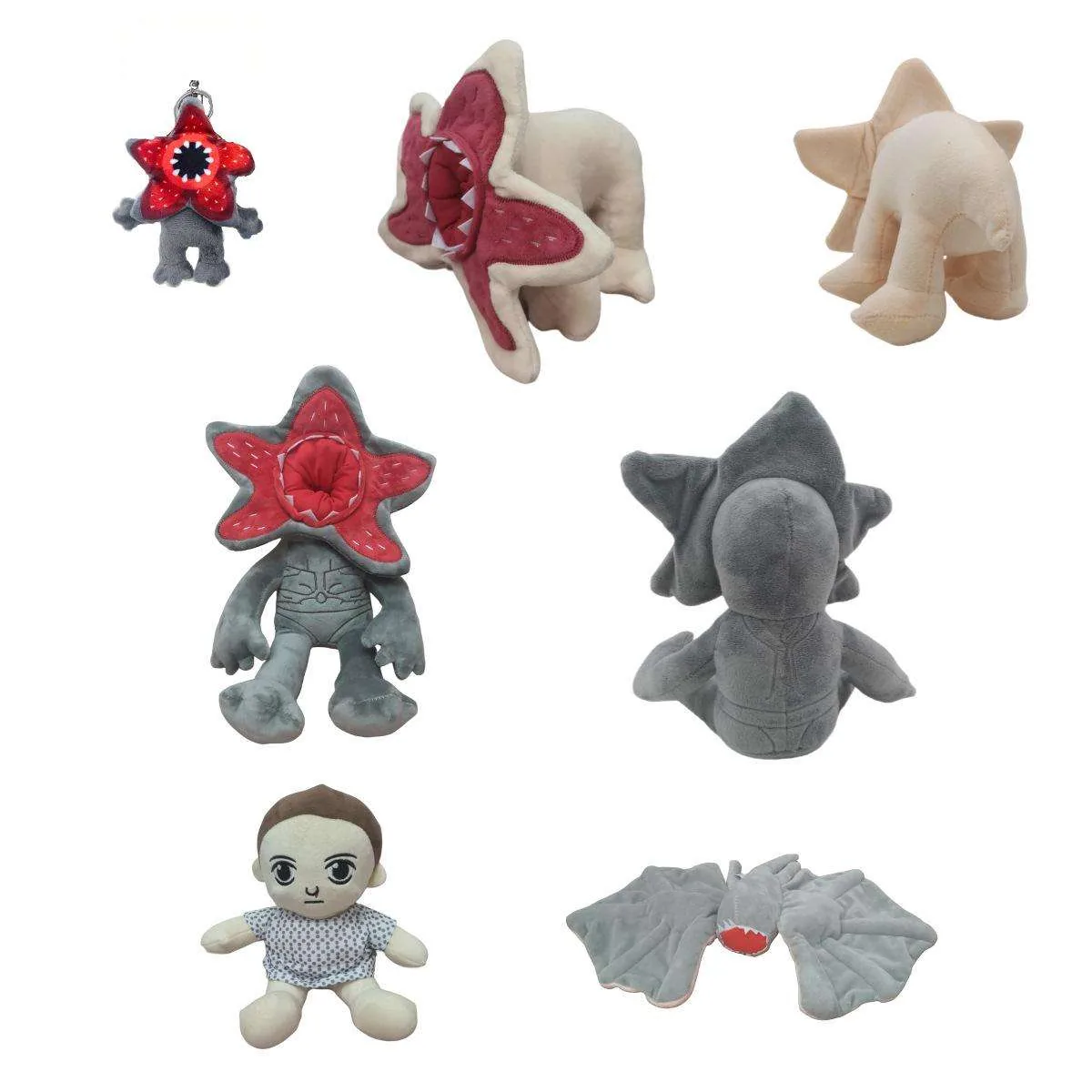 Variant collage of the Demogorgon plush range showing keychain, seated plush, quadruped creature plush, mini figure version, and winged shape